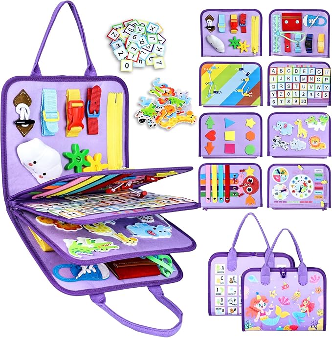 Esjay Toddler Busy Board Montessori Toys for Girls, Sensory Book Educational Activities Learning Fine Motor Skills, Birthday Gifts for Girls Toddlers, Travel Toys for Airplane Car, Purple Merpeople