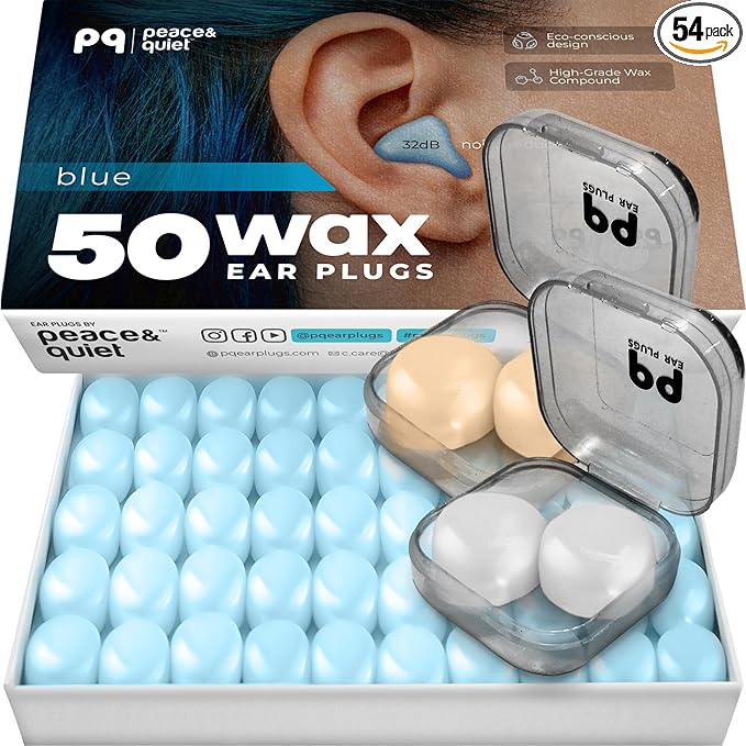 Peace&Quiet PQ Wax Ear Plugs for Sleeping, Swimming - 54 Noise Cancelling Silicone Gel Wax Earplugs, Ear Protection for Sleep and Swim, Soft Pillows with Sound Blocking Level 32Db, (54 Pillows)