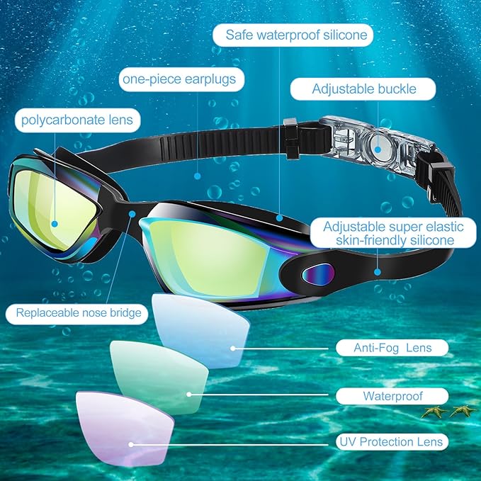 Flutesan 6 Pack Swim Goggles for Adult Anti Fog Swimming Glasses with Ear Plugs Nose Clip No Leaking Full Protection Goggles
