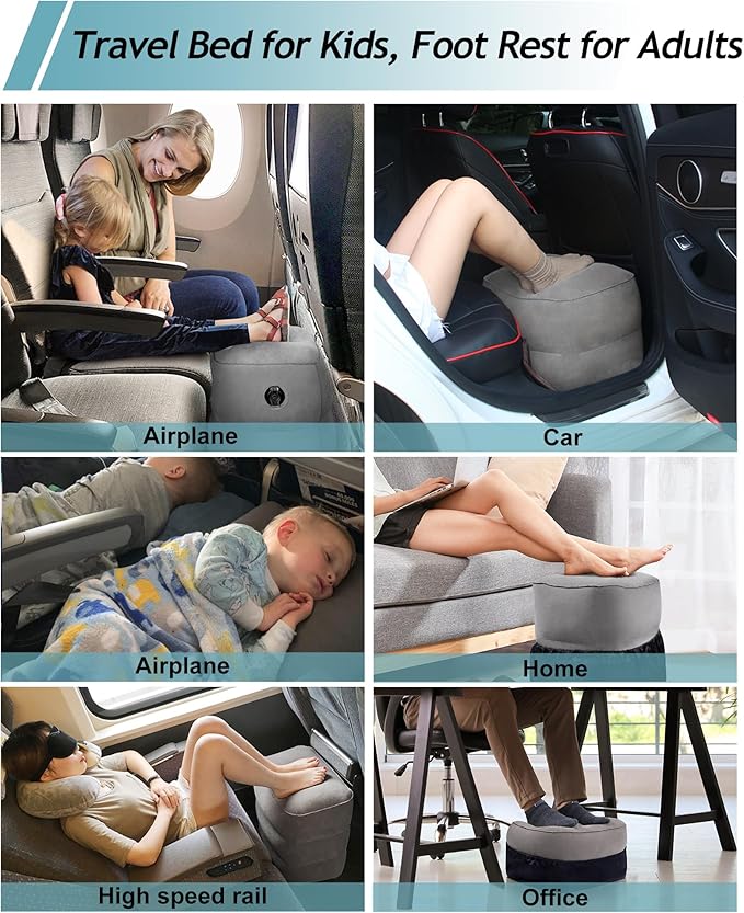 Inflatable Travel Foot Rest Pillow,Kids Airplane Bed,Adjustable Height Flight Pillow,Travel Essentials for Airplane,Office,Home,Trains,Cars