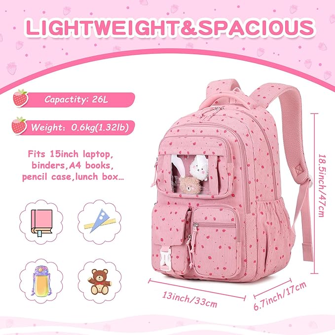 PIG PIG GIRL Corduroy Backpack Kids Backpack for Girls School Bags for Middle School Students Book Bag for Elementary Primary Kawaii Ita Backpack, Pink Strawberry