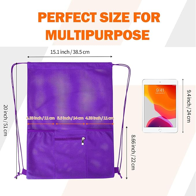 NATURAL STYLE Mesh Drawstring Backpack Bag, Gym Sports Bag with Zipper Pocket Bottle Holder, String Beach Bag for Swiming Travel (Purple)