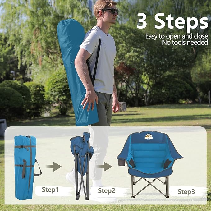 Colegence Oversized XL Padded Camping Chair Wide Heavy Duty Lawn Chairs Support 450 LBS Portable Folding Gaint Plus Camp Chair with Side Pocket Cup Holder for Outdoor Outside Sports Baseball-Blue