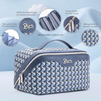 BOYATU Travel Makeup Bag Cosmetic Bags for Women: Large Capacity 3 Pcs Set Make up Bag with Compartments - Waterproof Vegan Leather Toiletry Organizer Bags with Handle (M-77Blue)