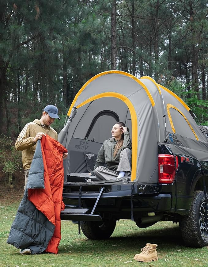 JOYTUTUS Pickup Truck Tent 2.0, Waterproof PU2000mm Double Layer for 2 Person, Portable Truck Bed Tent with Rainfly, 5.5'-5.8' Camping Preferred - Orange