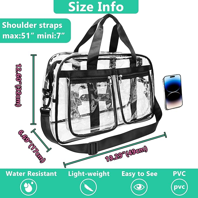 Large Clear Tote Bag 20” for Duffle, Clear Carry On Beach Bag for Travel Work, Big Transparent See Through Plastic Bags for Gym Toiletry Makeup Organizer