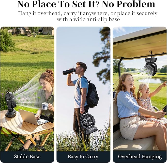 AJVV Camping Fan with Light, Remote and Oscillation, Battery Powered Hanging Tent Fan, Rechargeable Portable for Camp, Outdoor, Emergencies, Fishing, RV Travel, Jobsite
