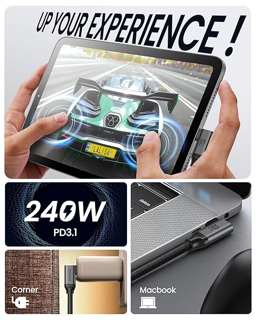 Silkland USB C Monitor Cable Right Angle 10FT, 8K@30Hz 5K/4K@60Hz Display, 20Gbps Data Transfer, 90 Degree USB C 3.2 Gen 2x2 Video Cable, 240W Charging for iPhone 17,MacBook, Portable Monitor, Carplay