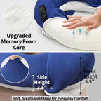 BUYUE Travel Neck Pillows for Airplanes, Memory Foam 360° Head Support Sleep for Long Flight, Skin-Friendly & Breathable, Kit with Eye Mask, Earplugs and Storage Bag (Adult, Navy, 90+ lbs)