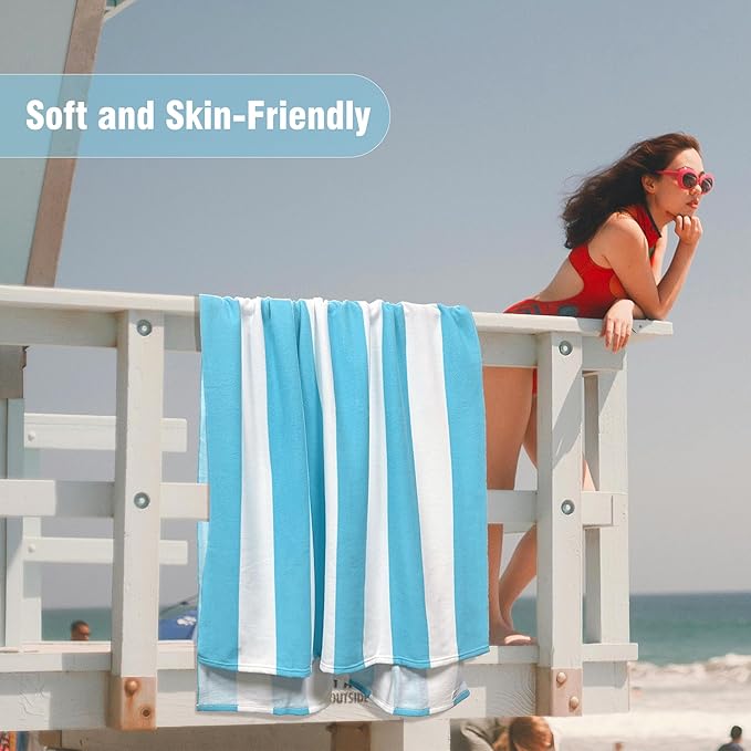 HENBAY Large Oversized Beach Towel - 35 x 70 Inch Microfiber Pool Towel, Turquoise Striped Quick Dry Cabana Swim Towel