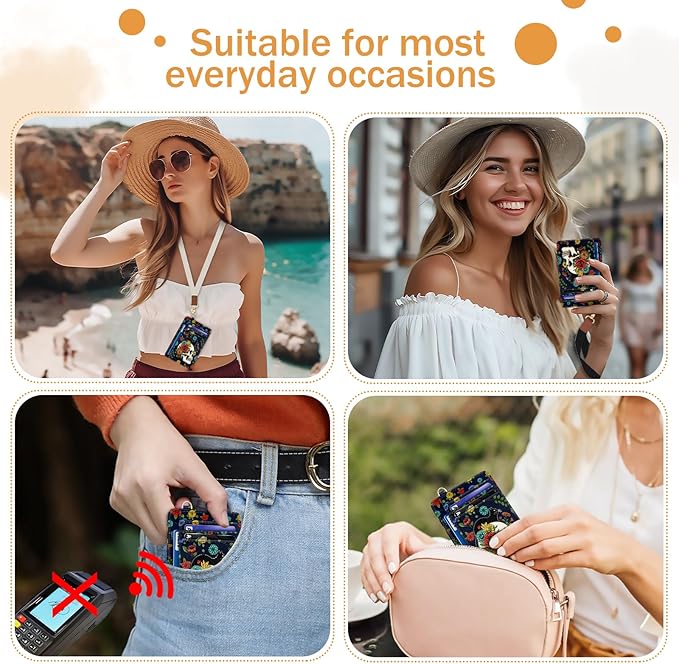 Yonlevres Cat Skull Credit Card Holder Slim Wallet, Floral Goth RFID Wallet Women Front Pocket Small Card Holder, Funny Skeleton Travel Card Case ID Window PU Leather RFID Blocking Card Organizer Gift
