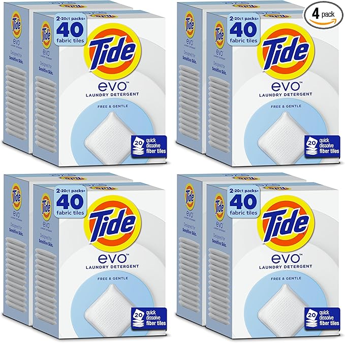 Tide evo Free & Gentle Tiles Fragrance Free Hypoallergenic Laundry Detergent Fiber Tiles for Sensitive Skin Works on 100% of Common Stains Safe for All Machines & Water Conditions,40 Count (Pack of 4)