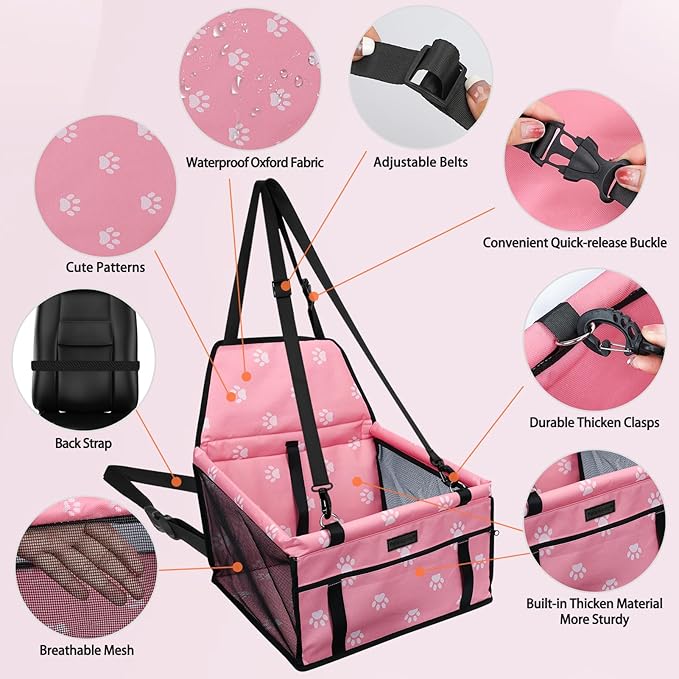 Dog Car Seat Foldable Dog Car Booster Seat Waterproof Breathable Oxford Travel Bag for Small to Medium Dogs, Puppies, and Pets-Footprint Pink
