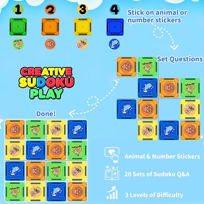 Mini Magnetic Tiles Travel Set with Case 42pcs, Bonus Sudoku Play, Mini Magnetic Blocks, Portable Travel Toy for Kids, STEM Educational Sensory Toys, Classroom Must Have