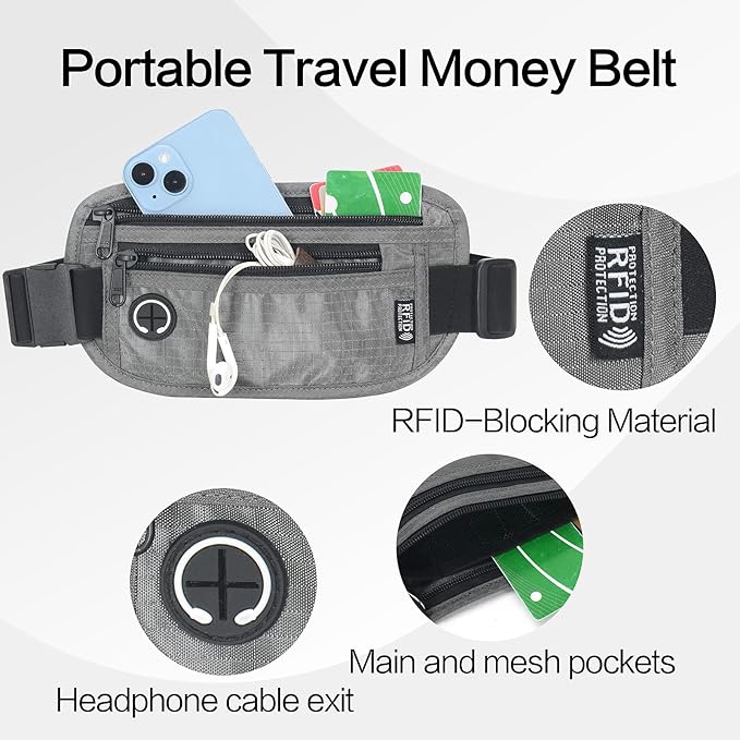 Slim RFID Blocking Money Belt for Travel - Anti-Theft Hidden Passport Holder Waist Wallet with Secure Pouch for Cash, Credit Cards & Phone Safe (Grey)