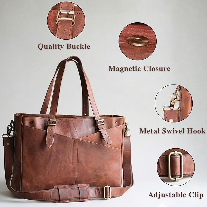 17-inch Genuine Leather Laptop Bag for Women – Large Brown Leather Work Tote with Laptop Compartment, Womens Computer Bag, Briefcase & Messenger Style for Office, Business, Travel & Teacher Gifts | Genuine Leather