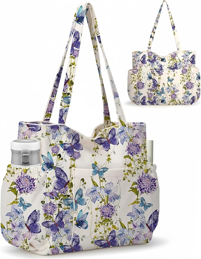 Corduroy Tote Bag for Women,Large Capacity Cute Tote Bags With 6 Pockets,Crossbody Shoulder Handbag for Work Travel Gym