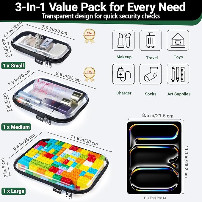 YQBRAO 3-Pack Clear Hard Shell Zipper Case Black, 1.2mm Heavy-Duty Crush-Proof Travel Makeup Bag, Multi-Size (L+M+S) Diaper Bag Organizer Pouches, Rigid Clear Zipper Pouches for Tech, Toys & Home