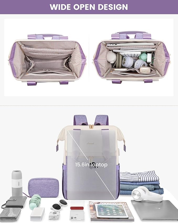 LOVEVOOK Laptop Backpack for Women, 15.6 Inch Work Laptop Bag with USB Port, Fashion Teacher Nurse Backpack Purse, Waterproof Travel Computer Backpack with Organizer Bag, 2PCS, Beige-Light Purple