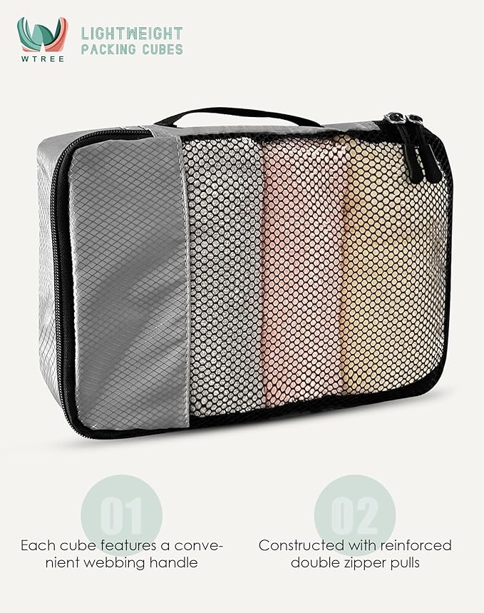 WTREE 4-Piece Packing Cubes Travel Accessories Set for Suitcases - Luggage Organizer Bags with Double Zipper - Mesh Top - Small/Medium/Large/Slim - Grey