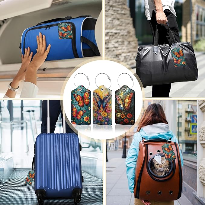 3 Pack Vintage Butterfly Wildflower Luggage Tags for Suitcases,Cute Leather Name Tag with Privacy Cover with Stainless Steel Loops, Travel ID Bag Tags for Women Men