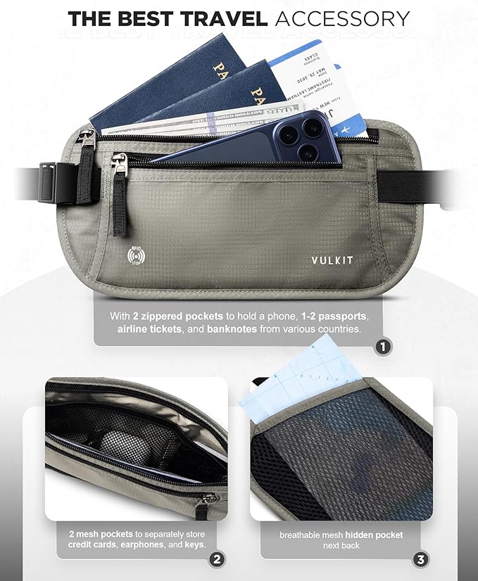 VULKIT Money Belt for Travel, Hidden Passport Holder, Anti-Theft Travel Wallet Under Clothes, RFID Blocking Waist Pouch, Undercover Fanny Pack, Cool Gray