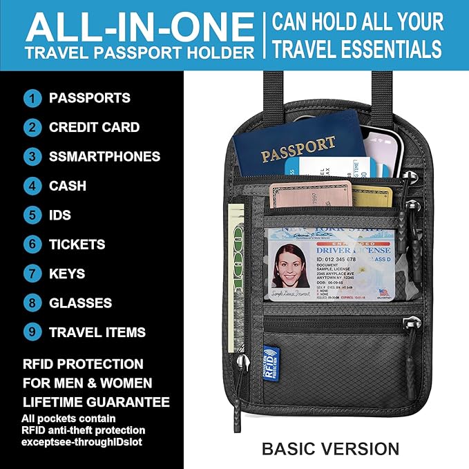 Neck Wallet with RFID Blocking - Hidden Travel Passport Holder Pouch | Concealed Under Clothing, Anti-Theft Security | Adjustable & Lightweight for Vacation, Airports