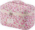 uekeboag Large Travel Quilted Makeup Bag for Women, Floral Cotton Cosmetic Bag, Coquette Aesthetic Floral Toiletry Organizer Bag