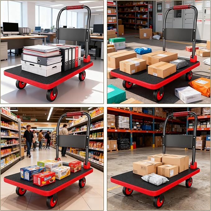 Foldable Luggage Trolley with Handle Silent TPR Wheels Heavy-Duty Design Portable Cart with Bumper Strips for Easy Loading & Storage (48x72x82cm)