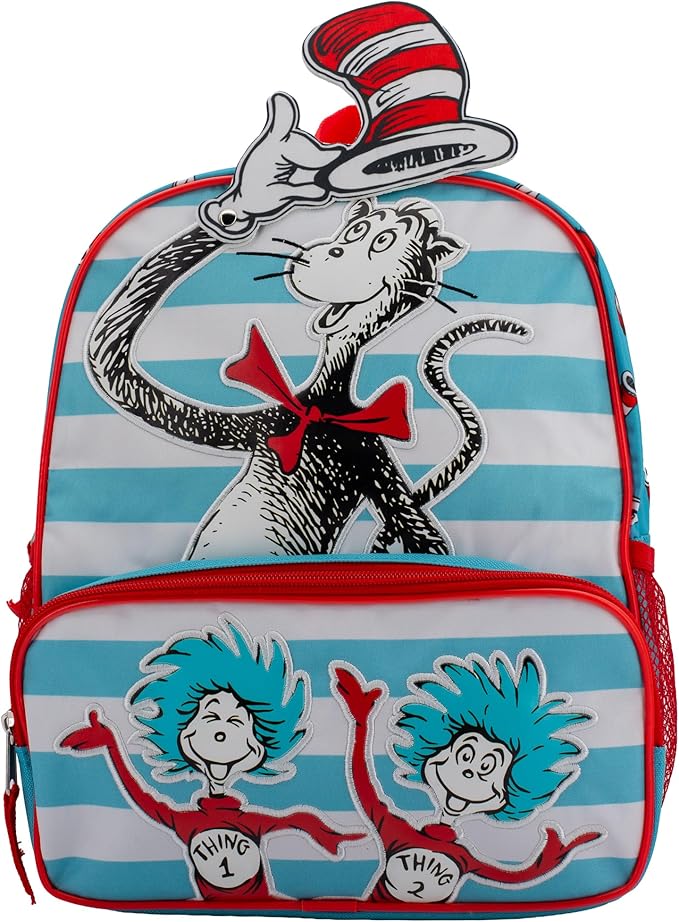 AI ACCESSORY INNOVATIONS Dr. Seuss's The Cat In The Hat Mini Backpack, 12" x 10" x 4", Kids School Bag with Thing One and Thing Two Design, White/Red/Blue
