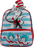 AI ACCESSORY INNOVATIONS Dr. Seuss's The Cat In The Hat Mini Backpack, 12" x 10" x 4", Kids School Bag with Thing One and Thing Two Design, White/Red/Blue
