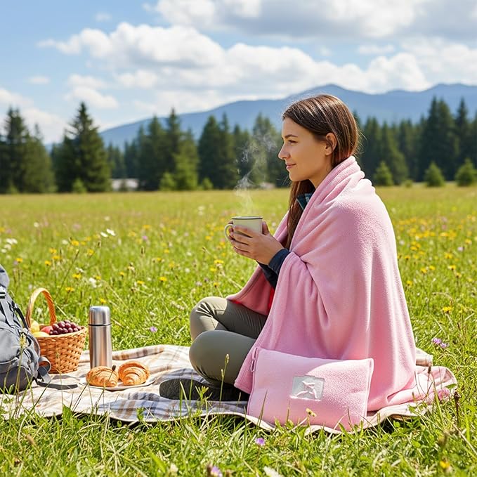 Travel Blanket and Pillow, Ultra-Soft, Compact & Lightweight, 60x50 in, Airplane Travel Essentials with Hand Luggage Sleeve and Backpack Clip, for Travel & Picnic (Pink)