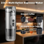 Portable Electric Espresso Machine Self-Heating Travel Coffee Maker 2-in-1 Compatible with Ground Coffee & NS Capsules for Camping, RV, Car, Hiking & Office, Gray