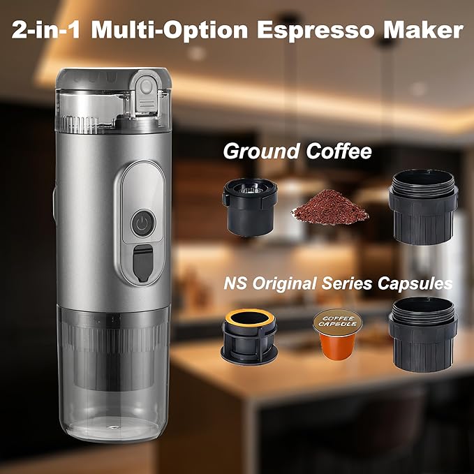 Portable Electric Espresso Machine Self-Heating Travel Coffee Maker 2-in-1 Compatible with Ground Coffee & NS Capsules for Camping, RV, Car, Hiking & Office, Gray