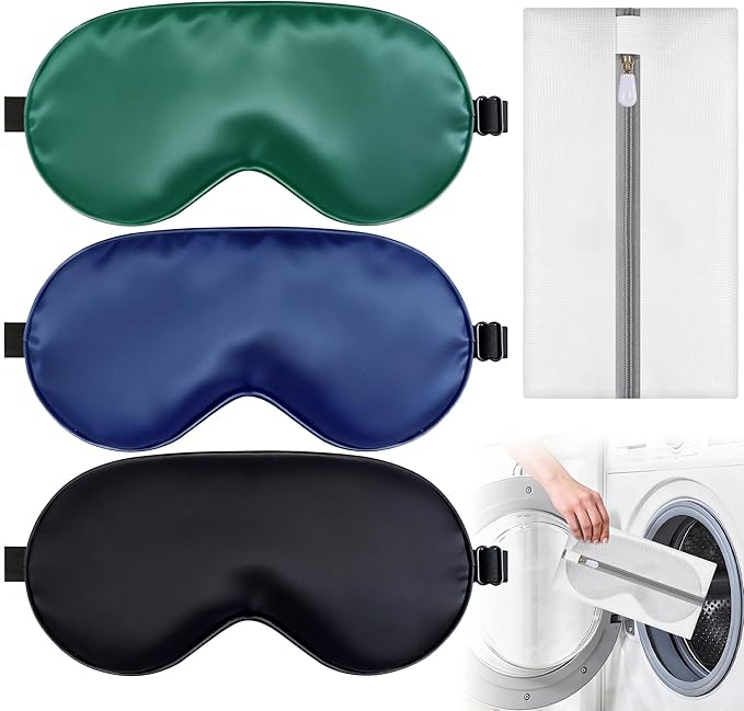 Sleep Mask, Silk Eye Mask for Sleeping with Adjustable Strap, Blindfold Eyeshade for Men & Women, Comfortable & Soft Eye Cover Eyeshade for Night Sleep（Black&Blue&Green&1 Laundry Bag）