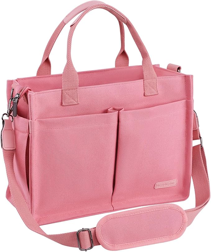 BESBESME Canvas Tote Bag for Women with Zipper & Compartments– Large Work & College Laptop Tote Crossbody Shoulder Bag