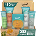 Travel Size Hotel Toiletry Set 150 Count 0.85 oz Bottles Guest Amenities for Vacation Rentals and Short Term Rentals Paraben Free White Tea Scent Infused with Aloe and Olive Oil by Eco Botanics