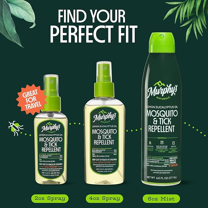 Murphy's Naturals Mosquito & Tick Bug Repellent Spray, Oil of Lemon Eucalyptus for Skin + Outdoor Gear, 2 Ounce Pump, 3-Pack