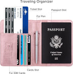 WALNEW Passport Holder for Travel, RFID Passport Cover Wallet for Women Men, PU Leather Passport Book Card Holder Case with Pen (Elastic Band Closure, A-Rosegold)