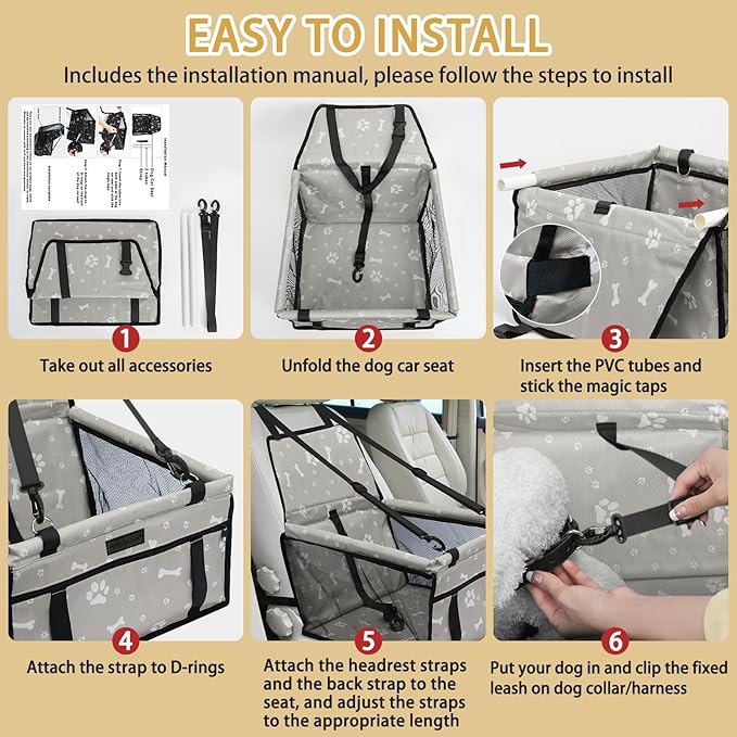 Dog Car Seat Foldable Dog Car Booster Seat Waterproof Breathable Oxford Travel Bag for Small to Medium Dogs, Puppies, and Pets-Pattern Grey