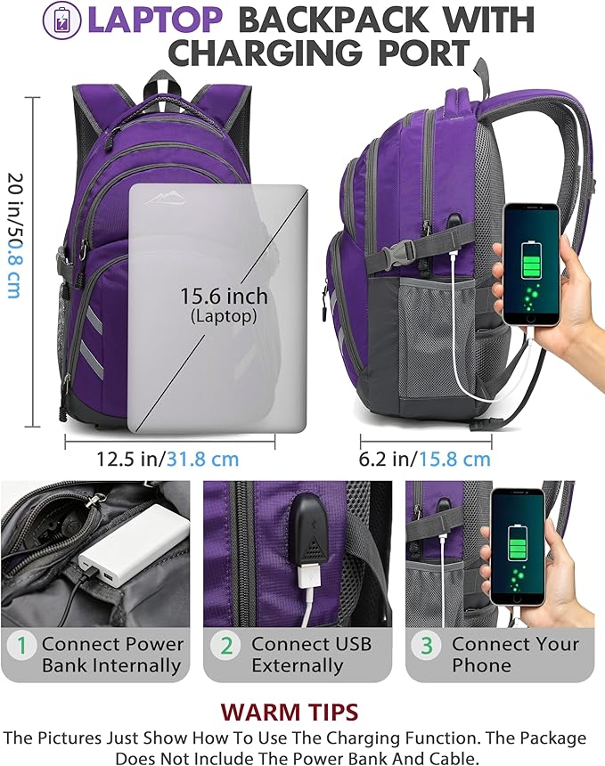 ProEtrade Backpack Bookbag for College Laptop Travel, Fit Laptop Up to 15.6 inch with USB Charging Port Multi Compartment Anti theft, Gift for Women Men (Purple)