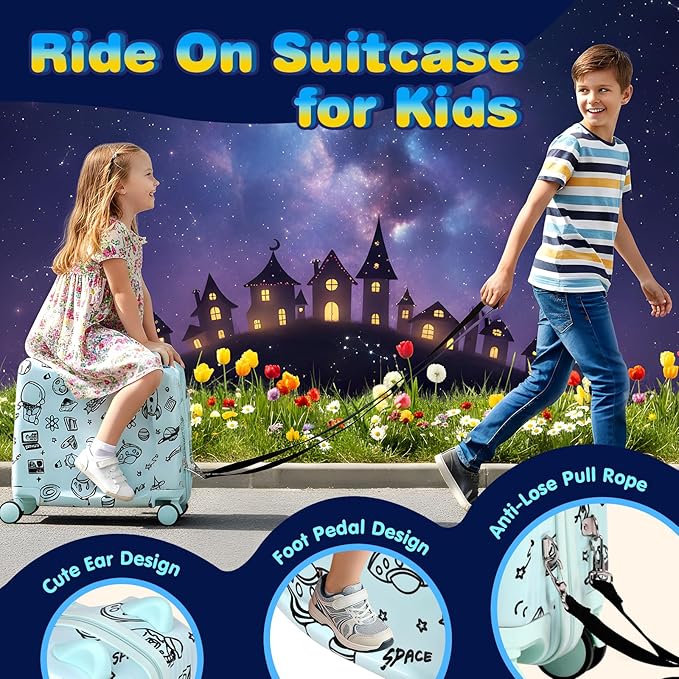 Kids Ride-On Suitcase with Cute Ears, DIY Graffiti Coloring Design, 20" Carry-On Luggage with 4 Spinner Wheels, Pull Rope & Combination Lock – Rideable Travel Case for Toddlers & Children(Green)