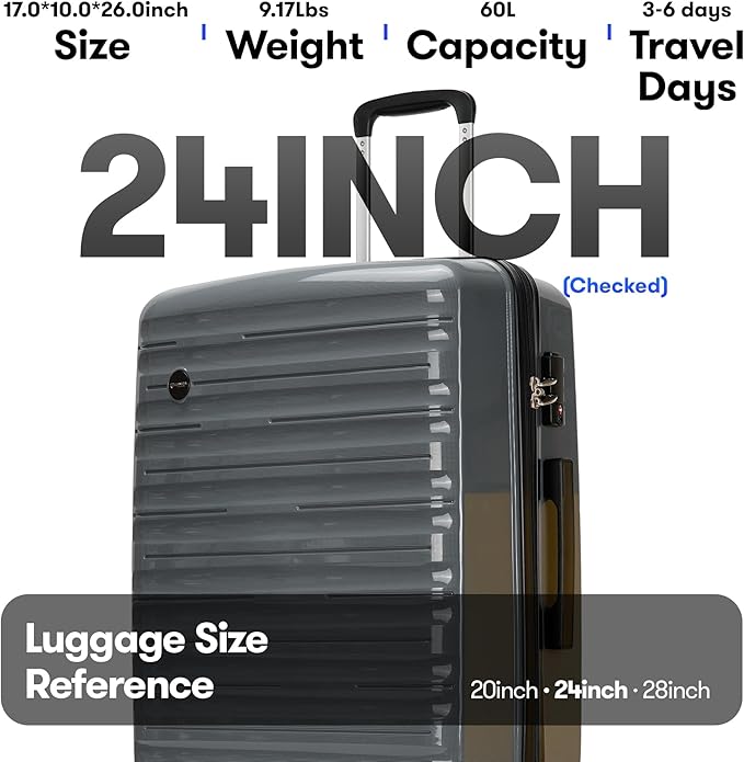 GinzaTravel 24 Inch Checked Luggage with Spinner Wheels TSA Lock PP Hardside Durable Medium Checked Suitcase, Gray, 24Inch