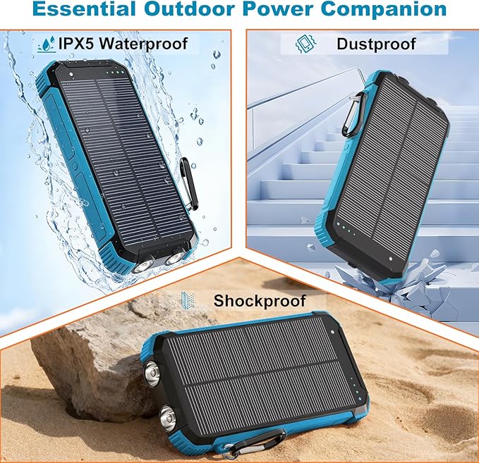 Power Bank Portable Solar Charger, Wireless Fast Charging Battery Pack, 20000mAh Capacity USB-C Input, 6 Outputs, Dual LED Flashlight, USB Battery Pack for Cell Phone Camping Travel Emergency (Blue)
