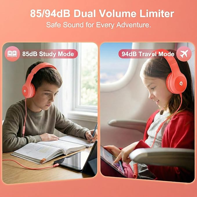ADOOPE Wired Kids Headphones with USB C Plug, 85dB Safe Volume, Adjustable Headband, Tangle-Free Cord Headphones for School, Tablet, Travel (Coral Red & Soft Peach, with Microphone)