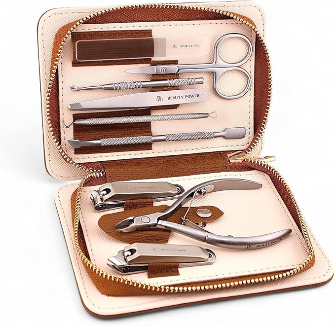 Beauty Power 9 in 1 Professional Manicure Pedicure Set - Stainless Steel Nail Clippers, Nano File, Cuticle Nipper, Scissors, Tweezers, Travel PU Leather Case for Men & Women - Gift Idea - Brown