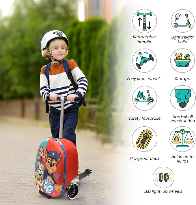 Paw Patrol Ride On Suitcase for Kids - Scooter Luggage with Light Up Wheels, Easy Steer and Foldable Carry On Kick Scooter for Toddler, Boys, Girls, Great Travel Gift Idea