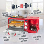 Nostalgia 3-in-1 Retro Breakfast Station - Includes 5 Cup Coffee Maker, Non-Stick Ceramic Griddle, and 4-Slice Toaster Oven - Built-In Timer, Reusable Coffee Filter, Space-Saving Design - Red