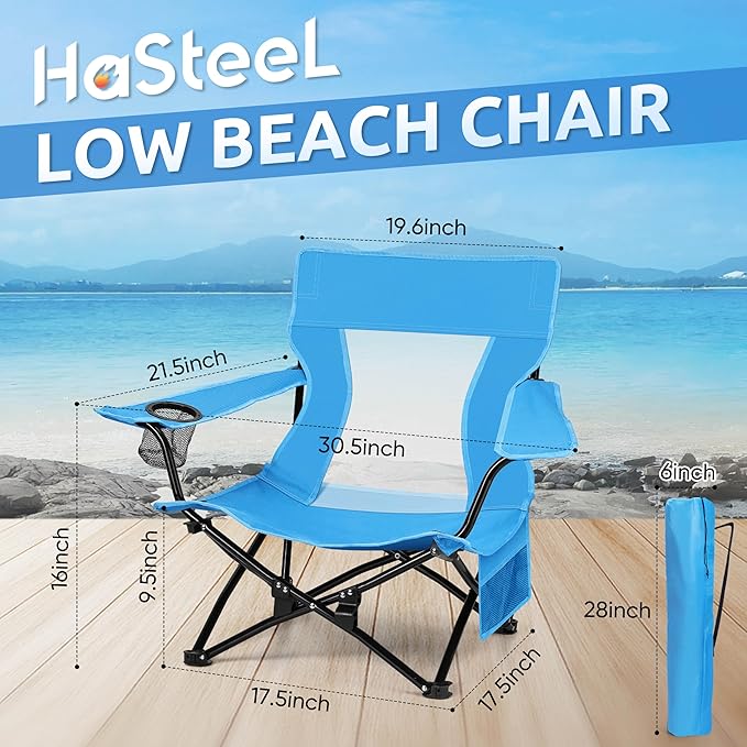 HaSteeL Folding Beach Chair, Foldable Blue Camping Chairs for Outside, Low Beach Chair Portable for Adults Fishing, Picnic, Outdoor BBQ, Travel, Sports, Cup Holder & Storage Bag