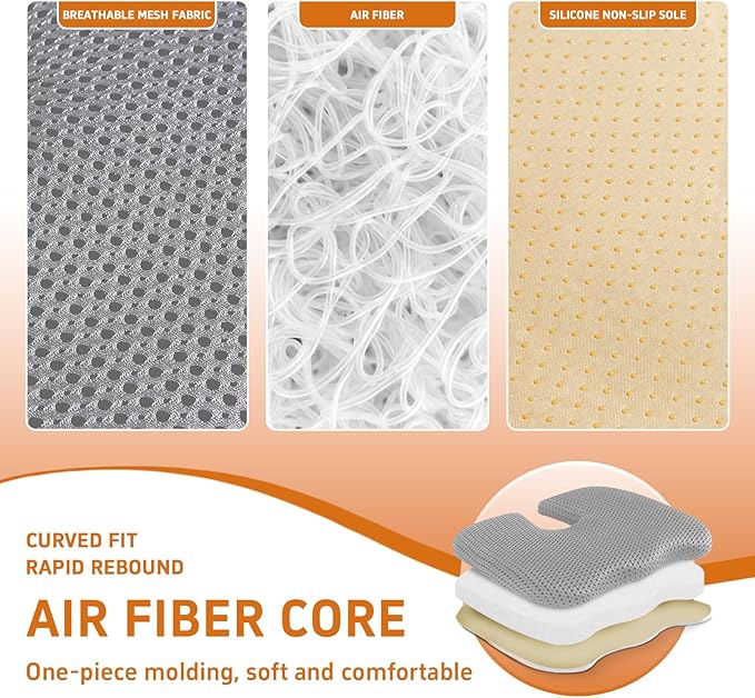 Gooo&Ma Air Fiber Seat Cushion for Office Chair, Breathable U-Shape Tailbone Relief Cushion for Desk Chair, Washable Ergonomic Chair Pad for Driving & Gaming, Cooling Mesh Back Support(Grey)